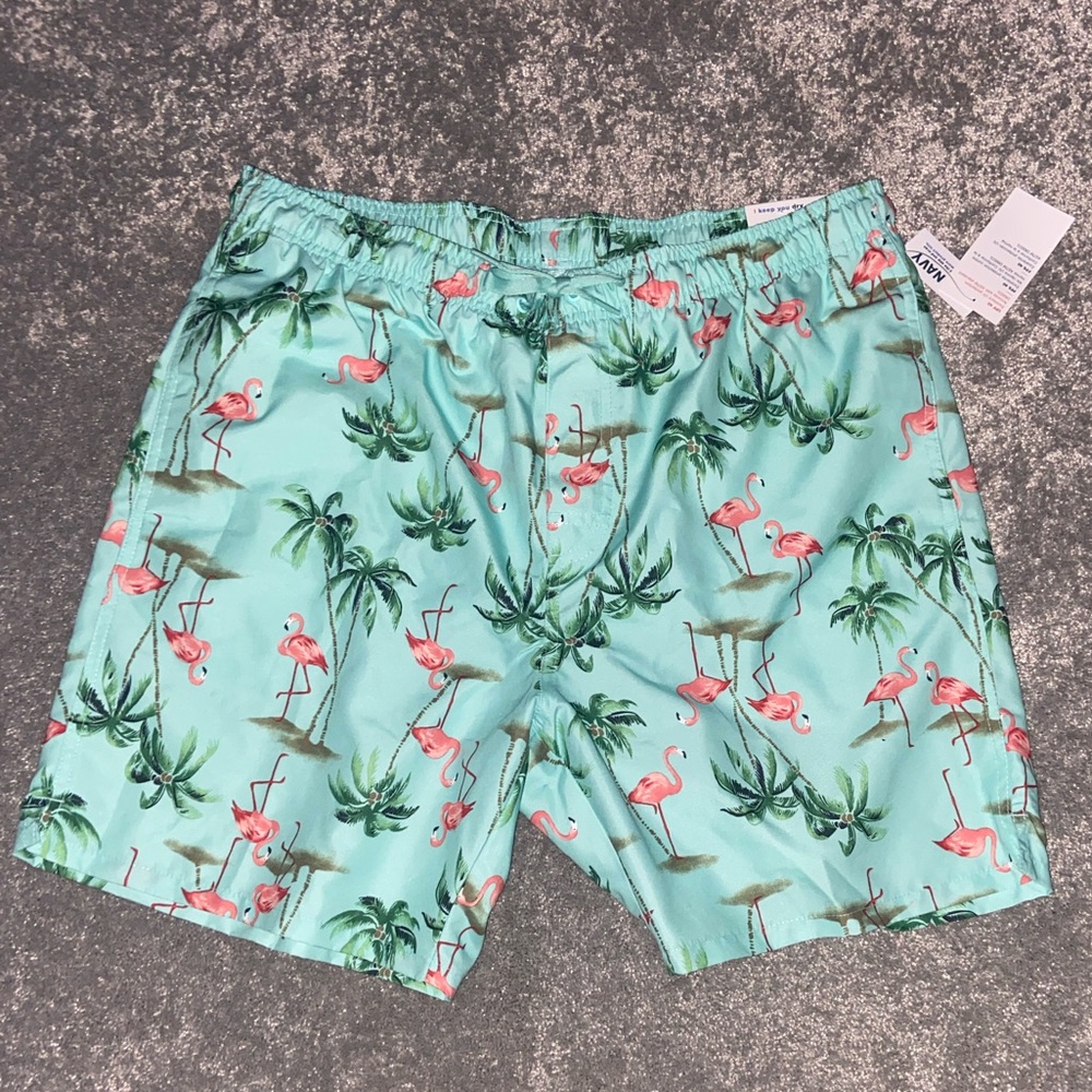 SOLD Old Navy Large Swim Trunks board shorts drawstring NWT flamingos palm trees